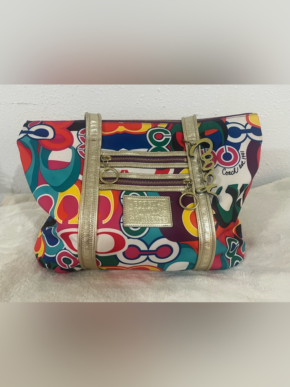 Coach Multicolor Signature Canvas Tote with Metallic Gold Straps